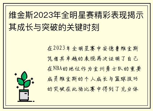 维金斯2023年全明星赛精彩表现揭示其成长与突破的关键时刻