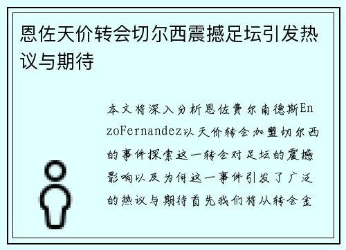恩佐天价转会切尔西震撼足坛引发热议与期待